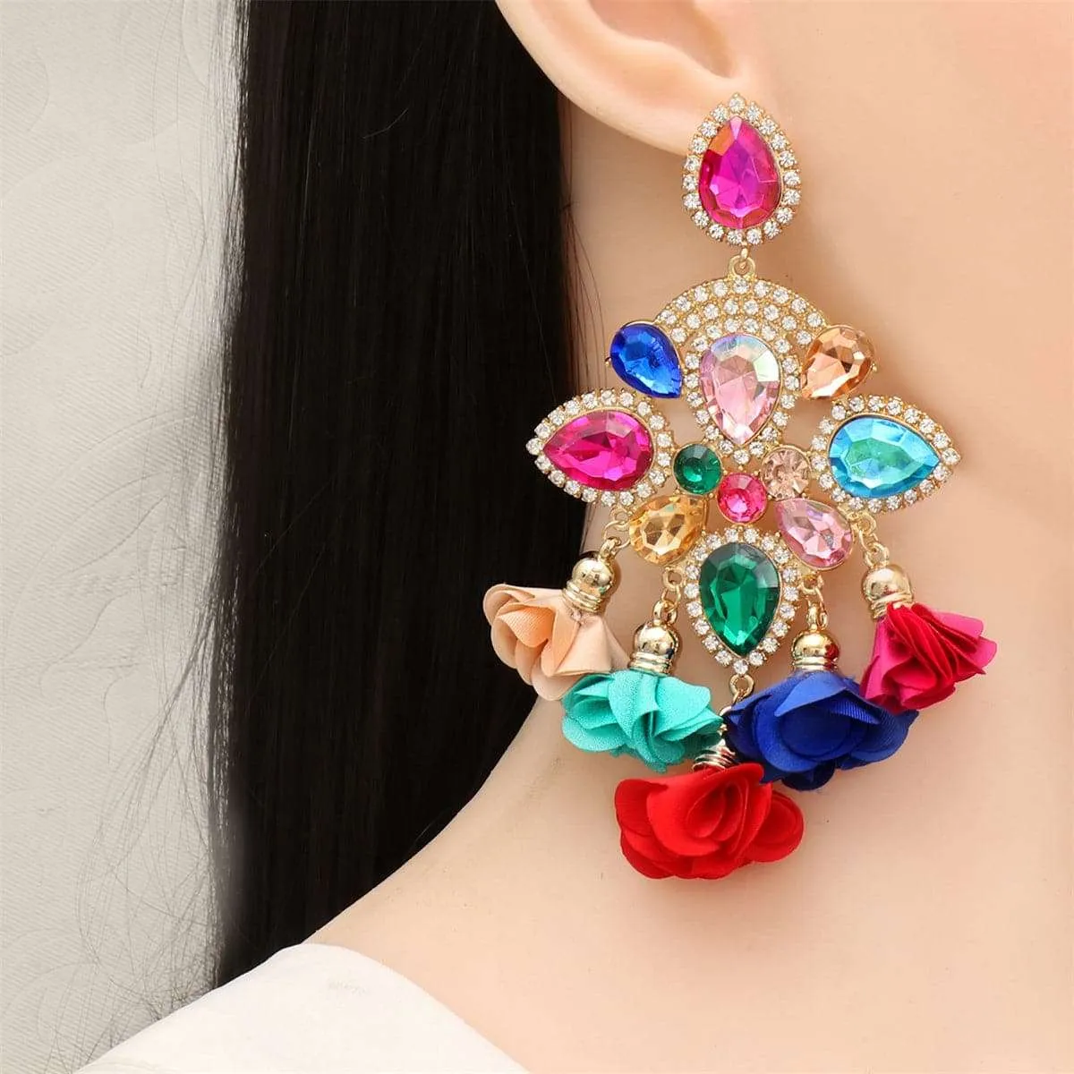 Red & Blue Crystal Flower Tassel Drop Earrings sold by Zulily