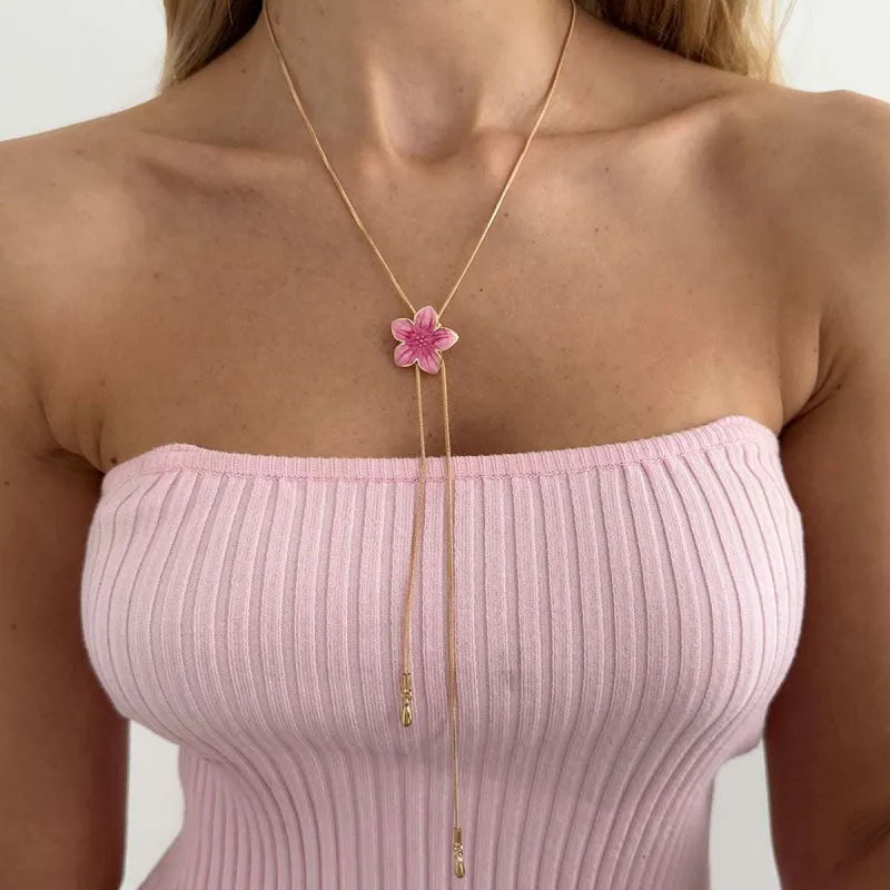 Pink Enamel & Goldtone Flower Tassel Pendant Necklace made by Zulily