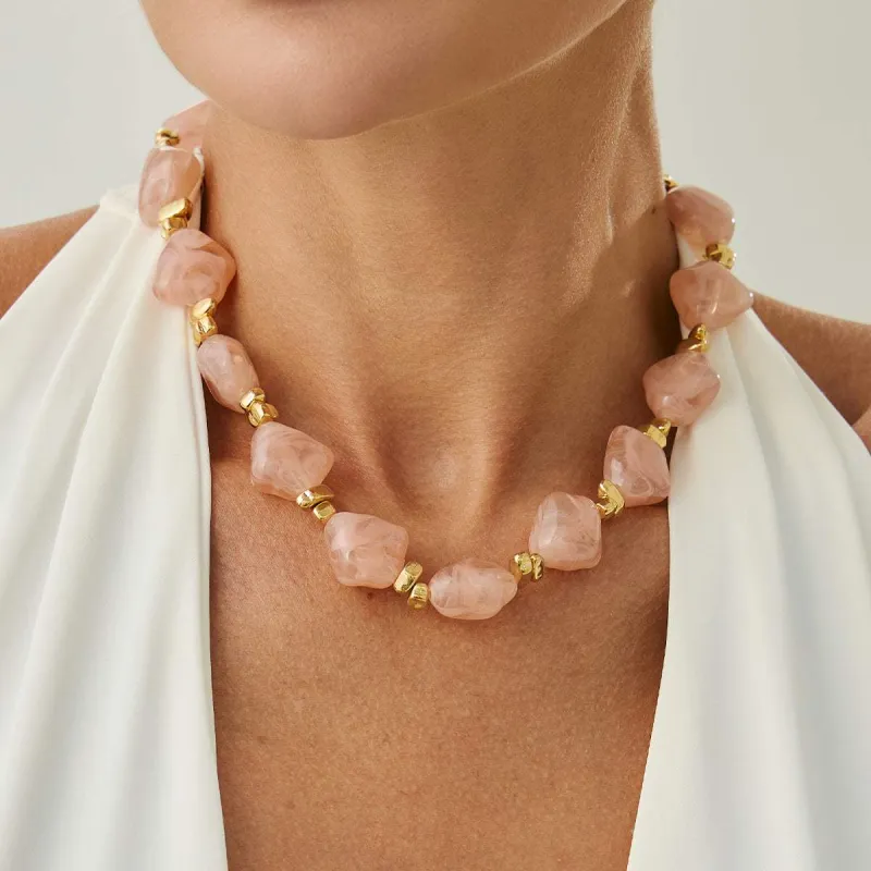 Pink Resin & Goldtone Bead Rhombus Station Collar Necklace made by Zulily