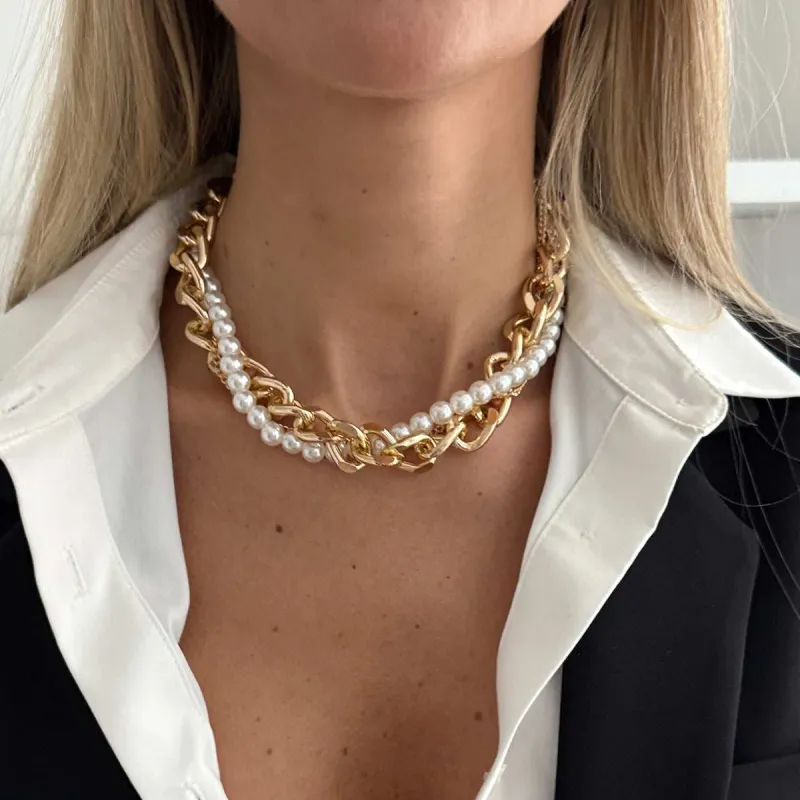 Pearl & Goldtone Curb Chain Layered Collar Necklace made by Zulily