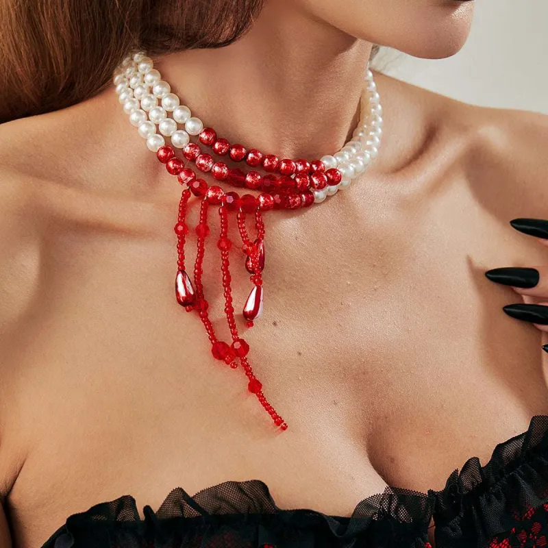 Red Acrylic & Enamel Pearl Silvertone Tassel Layered Necklace made by Zulily