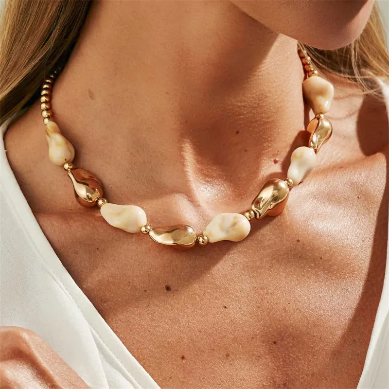 Beige Resin & Goldtone Irregular Drop Station Collar Necklace made by Zulily