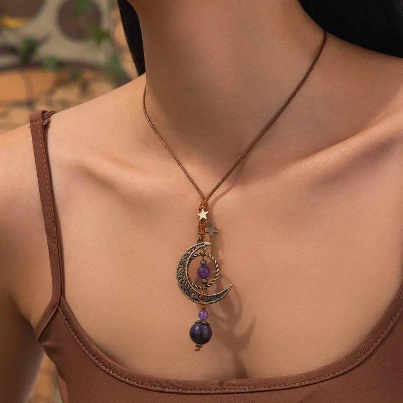 Purple Crystal & Polyster Goldtone Bead Moon Pendant Necklace made by Zulily