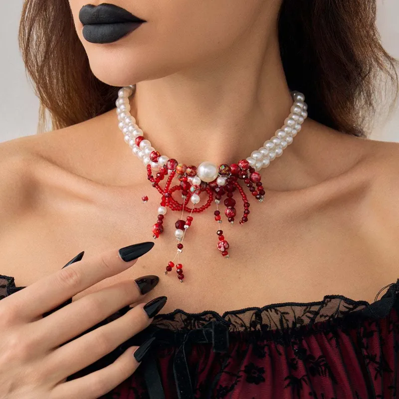 Red Acrylic & Pearl Silvertone Layered Necklace made by Zulily