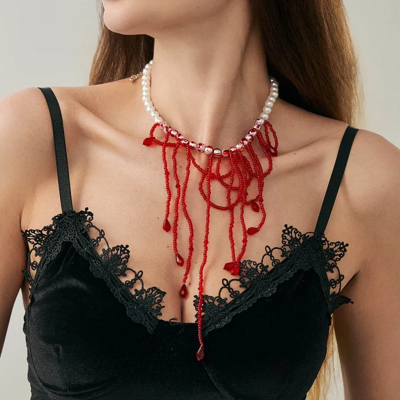 Red Acrylic & Enamel Pearl Silvertone Tassel Necklace made by Zulily
