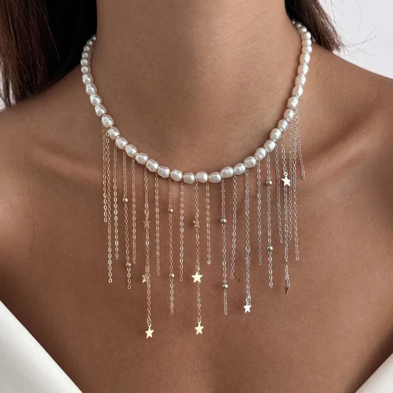 Pearl & Two Tone Star Tassel Collar Necklace made by Zulily