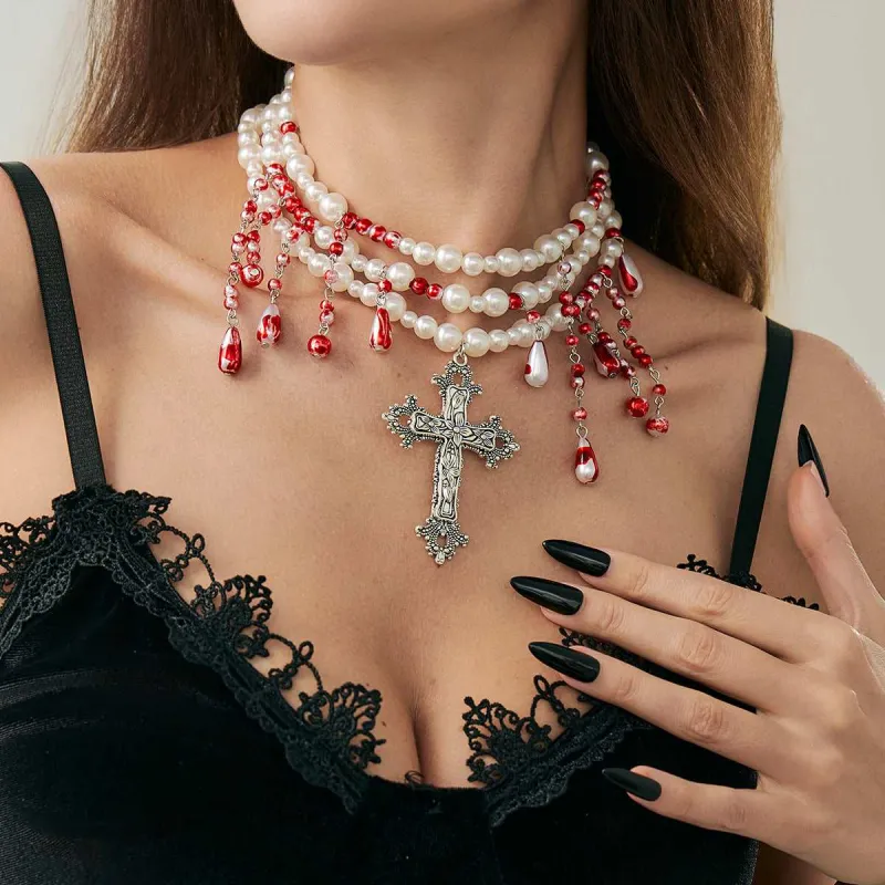 Red Enamel & Pearl Silvertone Drop Cross Pendant Layered Necklace made by Zulily
