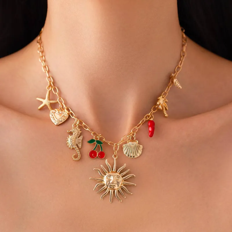 Red Enamel & Goldtone Sea Lives Sun Pepper Pendant Collar Necklace made by Zulily