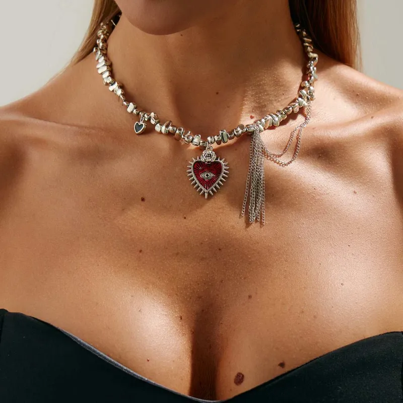 Red Enamel & Silvertone Beaded Chain Heart Tassel Necklace made by Zulily