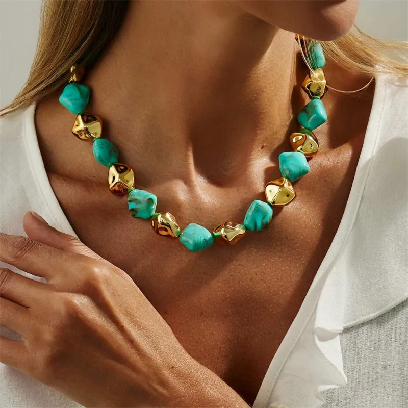 Teal Resin & Goldtone Irregular Rhombus Station Collar Necklace made by Zulily