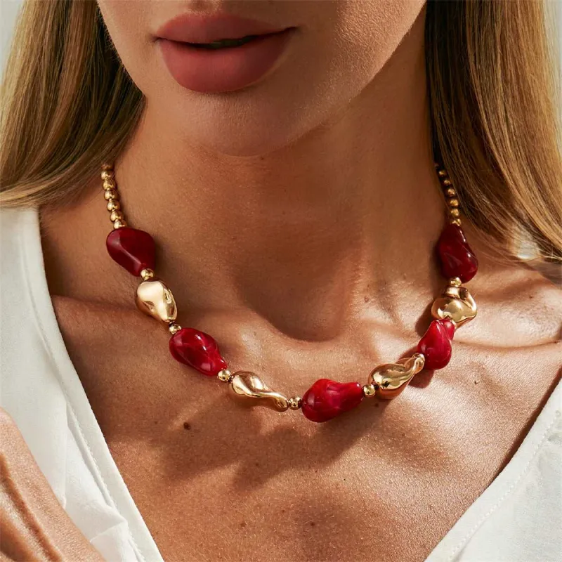 Wine Red Resin & Goldtone Irregular Drop Station Collar Necklace made by Zulily