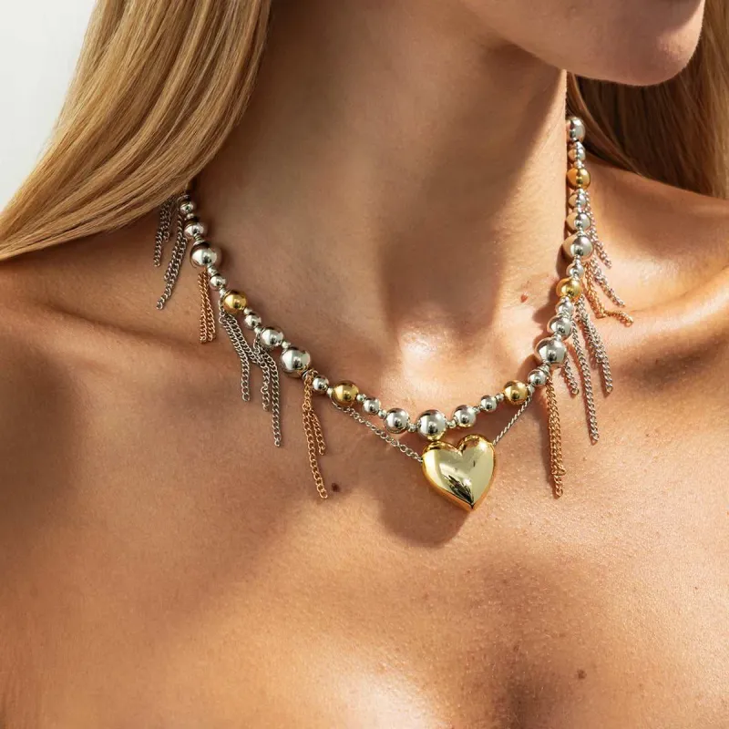 Two Tone Beaded Chain Heart Pendant Layered Necklace made by Zulily