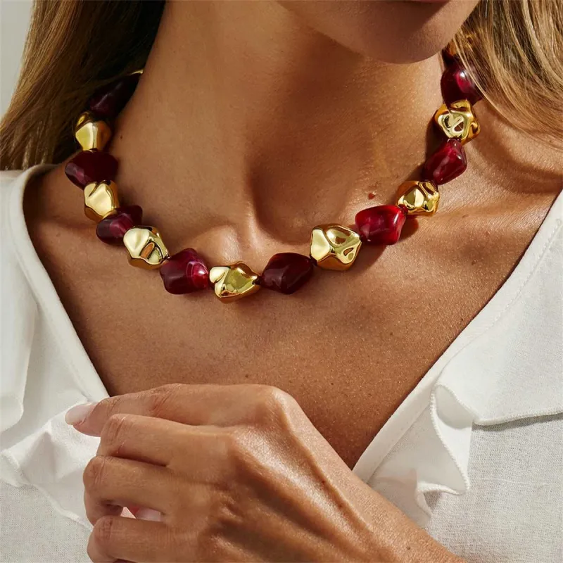 Wine Red Resin & Goldtone Irregular Rhombus Station Collar Necklace made by Zulily