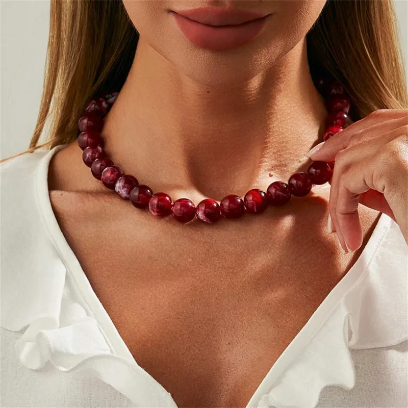 Wine Red Resin & Silvertone Beaded Collar Necklace made by Zulily