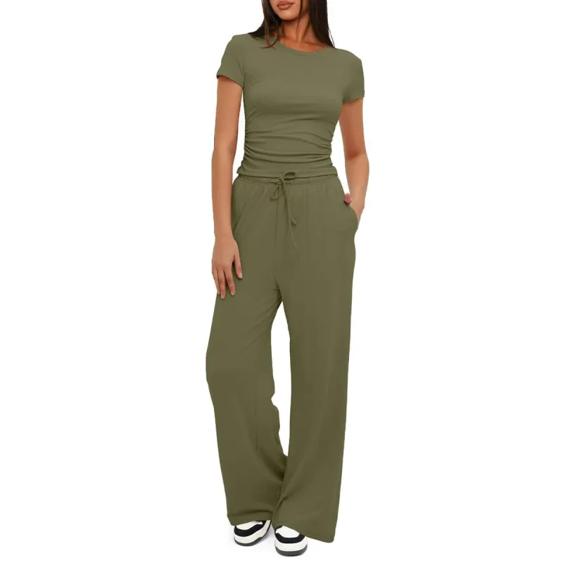 2 Piece Ruched Short Sleeve Wide Leg Pants Set made by Leo Rosi