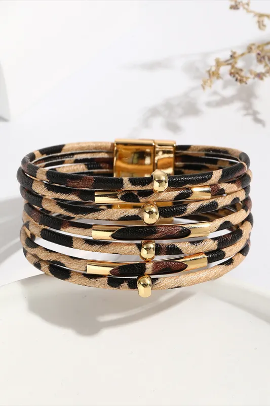 Multi-layer Leopard Beaded Magnet Buckle Bracelet made by Threaded Pear