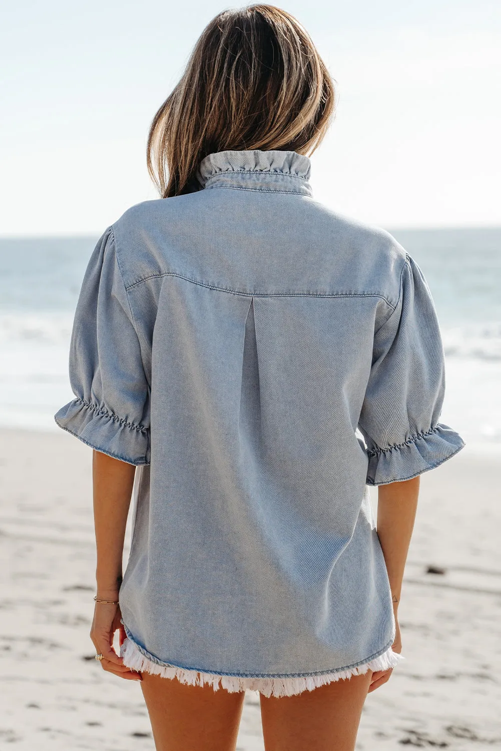 Threaded Pear Aya Ruffle Short Puff Sleeve Summer Chambray Top sold by Zulily product image thumbnail 2