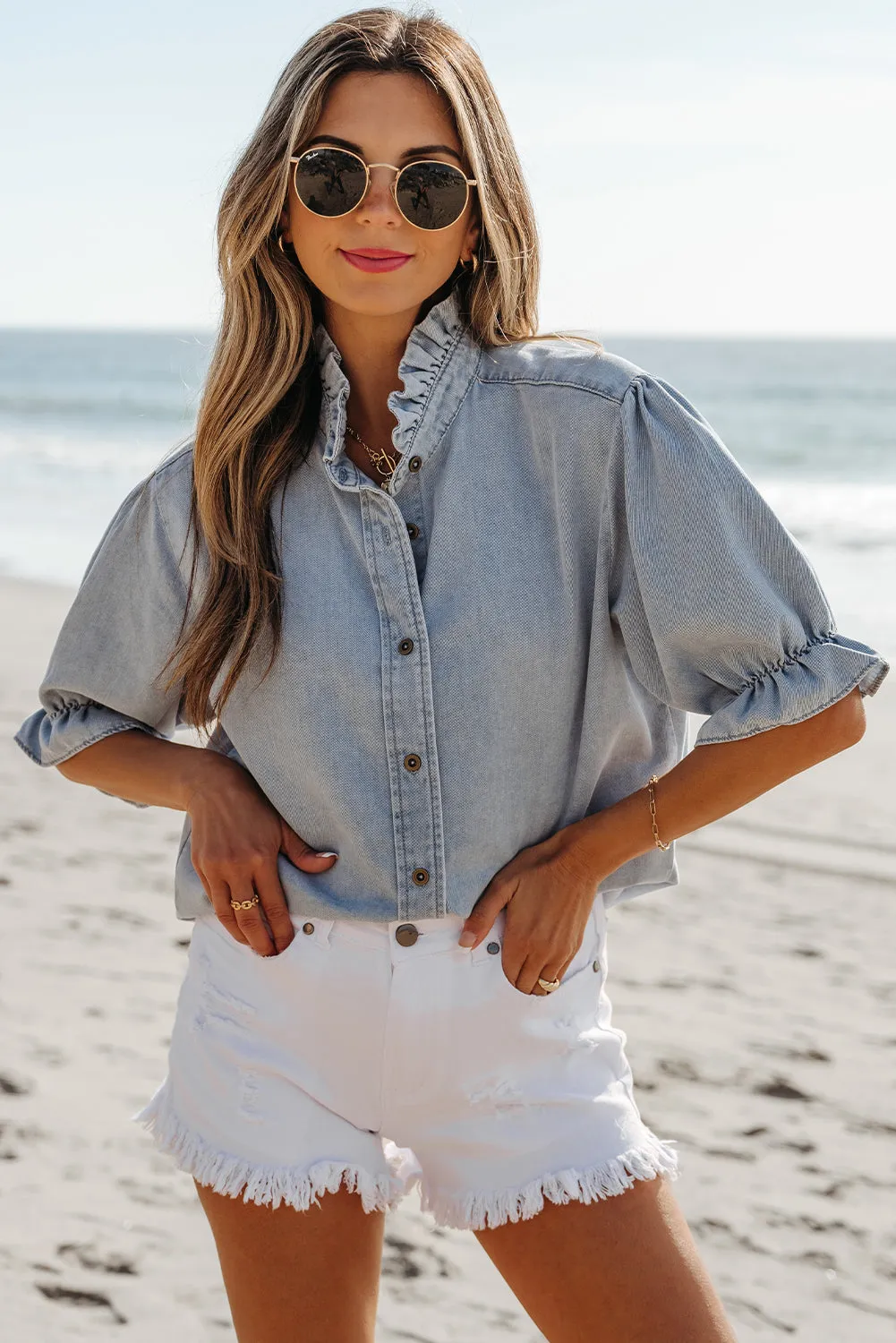 Threaded Pear Aya Ruffle Short Puff Sleeve Summer Chambray Top sold by Zulily product image thumbnail 4