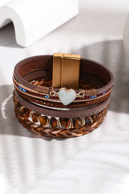 Brown Glittering Heart Accent Multi-layer Vintage Bracelet made by Threaded Pear