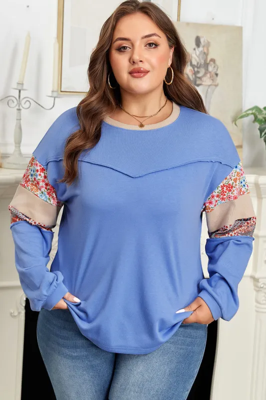 Threaded Pear Khaki Exposed Seam Floral Mixed Patchwork Relaxed Plus Size Top made by Threaded Pear