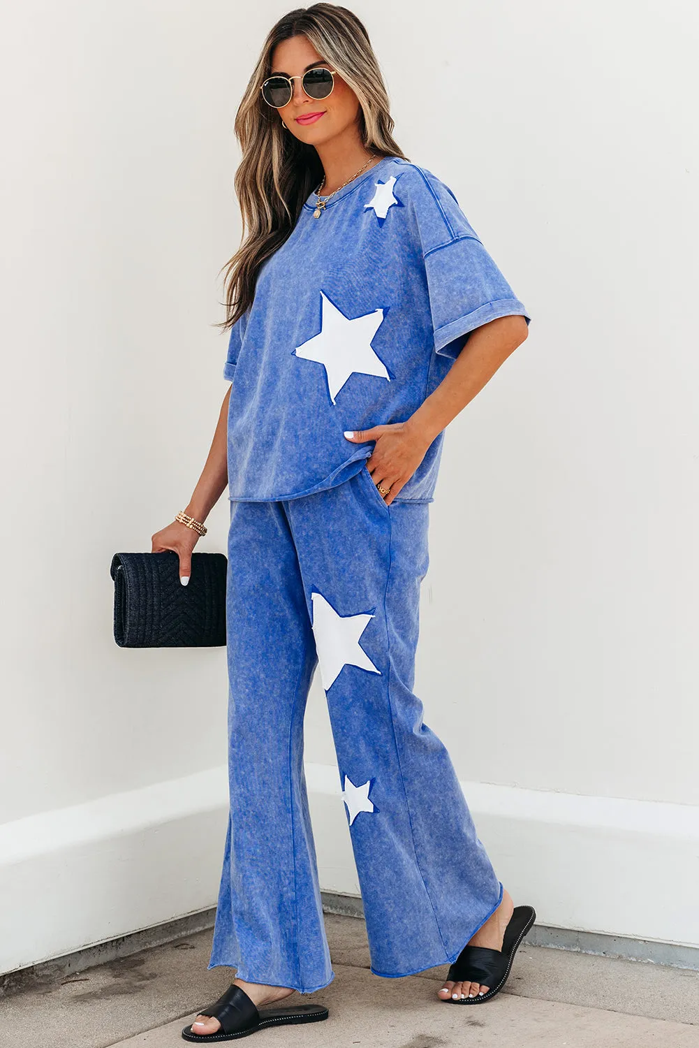 Threaded Pear Arabella Acid Wash Star Patched Rolled Trim Pants Set sold by Zulily product image thumbnail 3