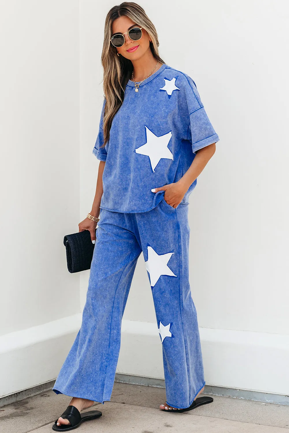 Threaded Pear Arabella Acid Wash Star Patched Rolled Trim Pants Set sold by Zulily product image thumbnail 4
