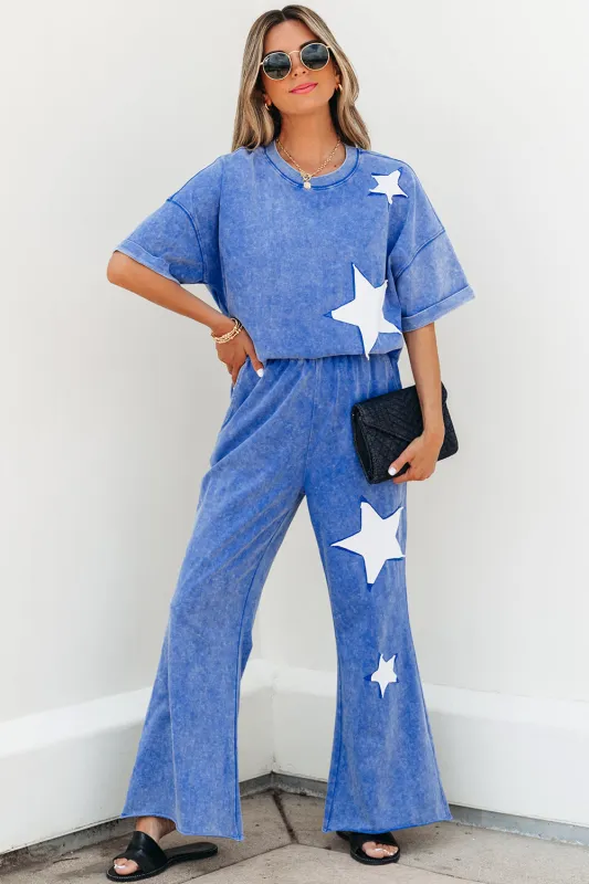 Threaded Pear Arabella Acid Wash Star Patched Rolled Trim Pants Set made by Threaded Pear