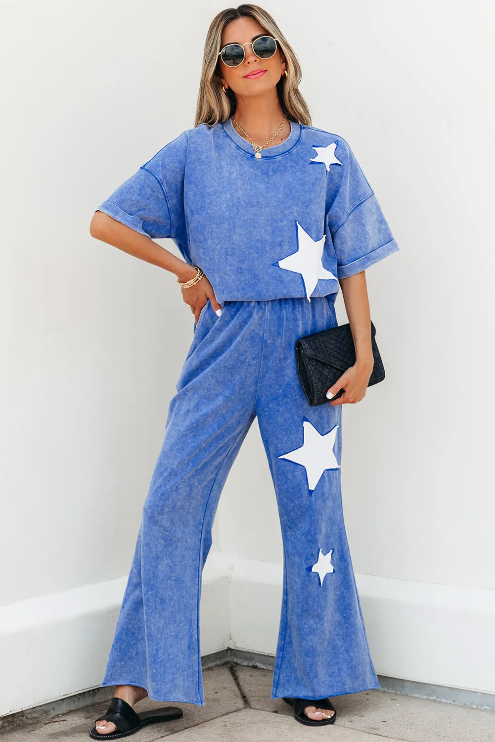 Threaded Pear Arabella Acid Wash Star Patched Rolled Trim Pants Set sold by Zulily