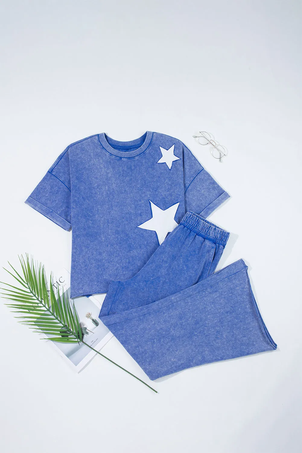 Threaded Pear Arabella Acid Wash Star Patched Rolled Trim Pants Set sold by Zulily product image thumbnail 5