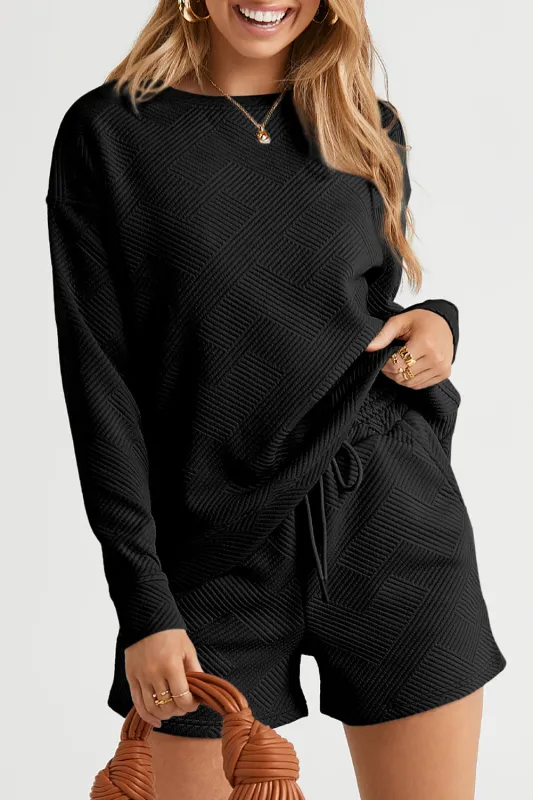 Adalyn Textured Long Sleeve Top and Drawstring Shorts Set made by Threaded Pear
