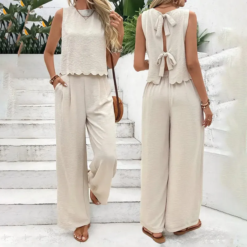 Elegant 2-Piece Matching Set, Sleeveless Crop Top And Wide Leg Pants Outfits sold by Zulily