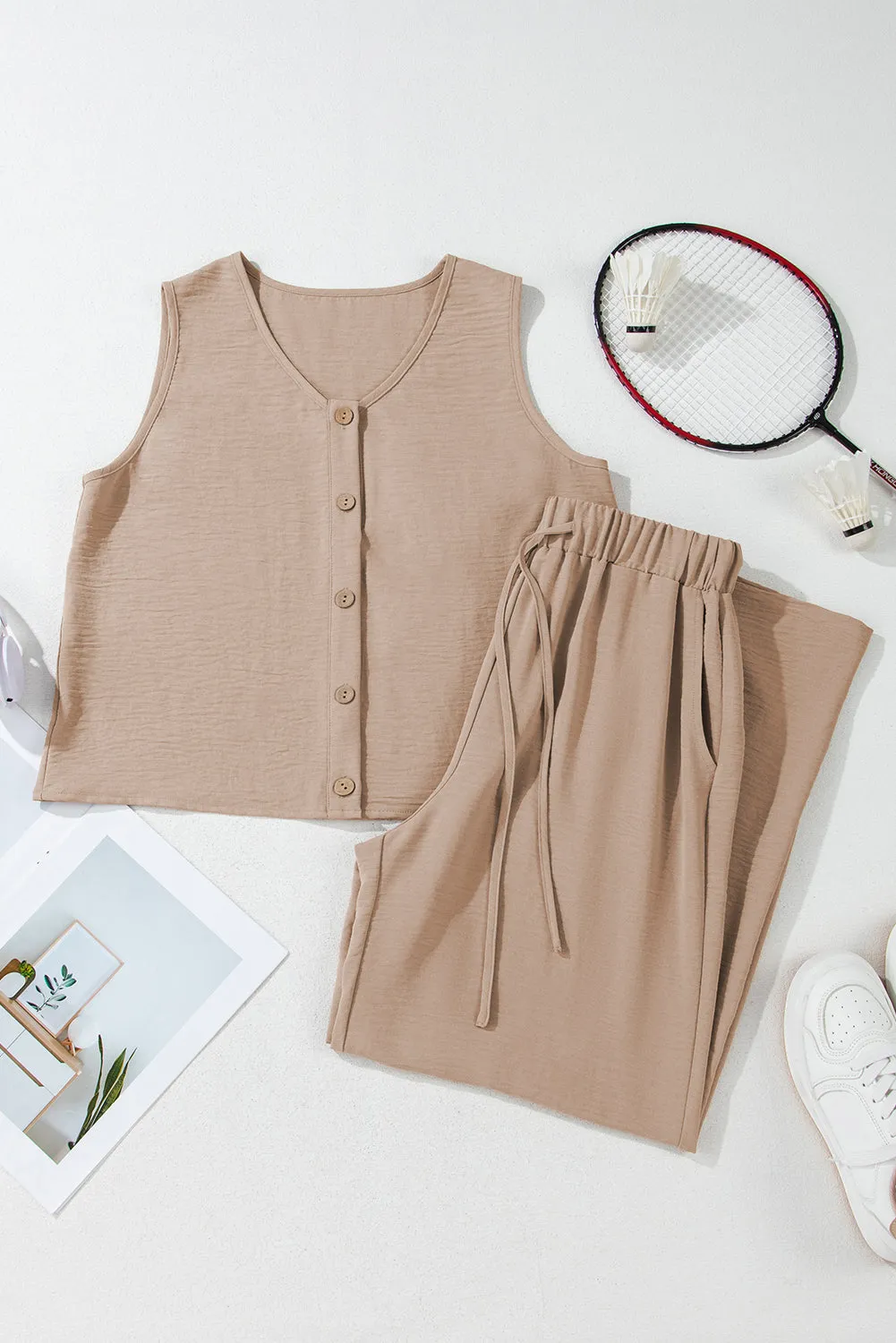 Kinslee Buttoned Vest Drawstring Wide Leg Pants Set by Threaded Pear sold by Zulily product image thumbnail 5
