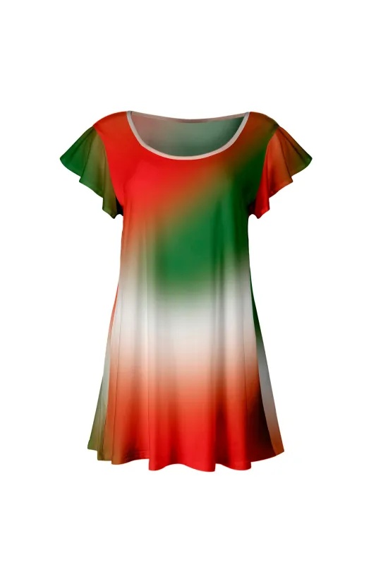 Lily by Firmiana Women’s Short Sleeve Flutter Hem Tunic Top Red & Green Holiday Print made by Zulily