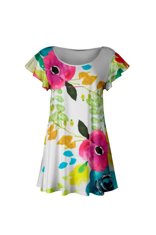 Lily by Firmiana Women’s Short Sleeve Flutter Hem Tunic Top White Floral Border Print made by Zulily