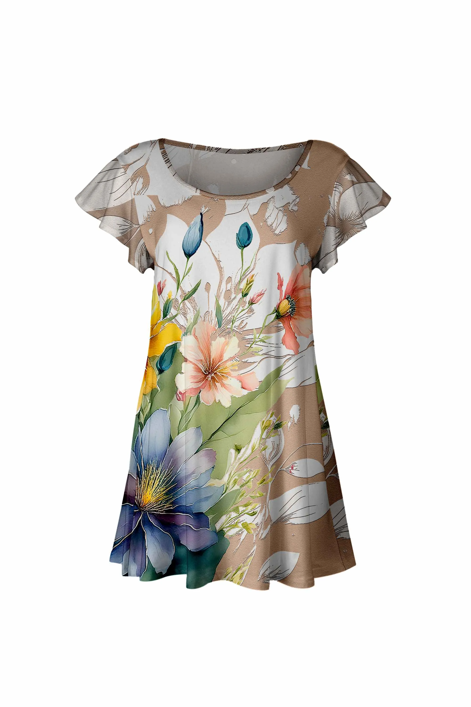 Lily by Firmiana Women’s Short Sleeve Flutter Hem Tunic Top Taupe & Blue Floral Print sold by Zulily
