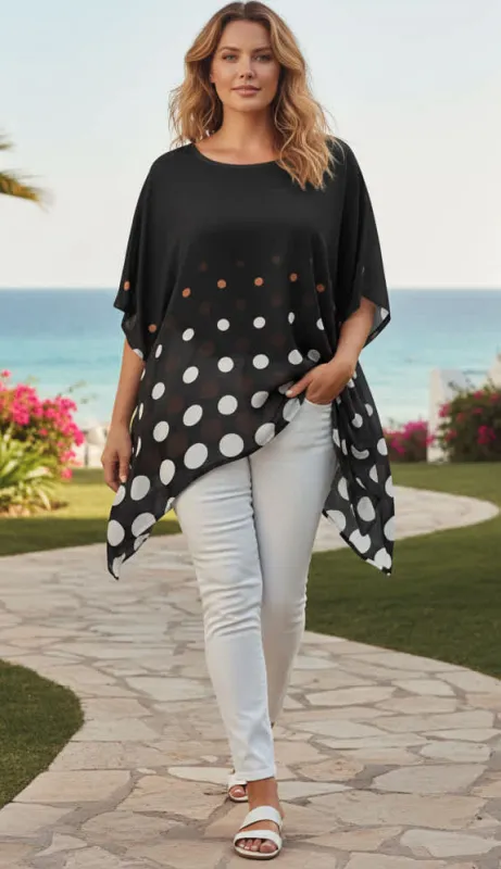 Lily by Firmiana Women’s Round Neck Short Sleeve Fishtail Tunic Women’s Apparel Black White Polka Dot Print made by Zulily