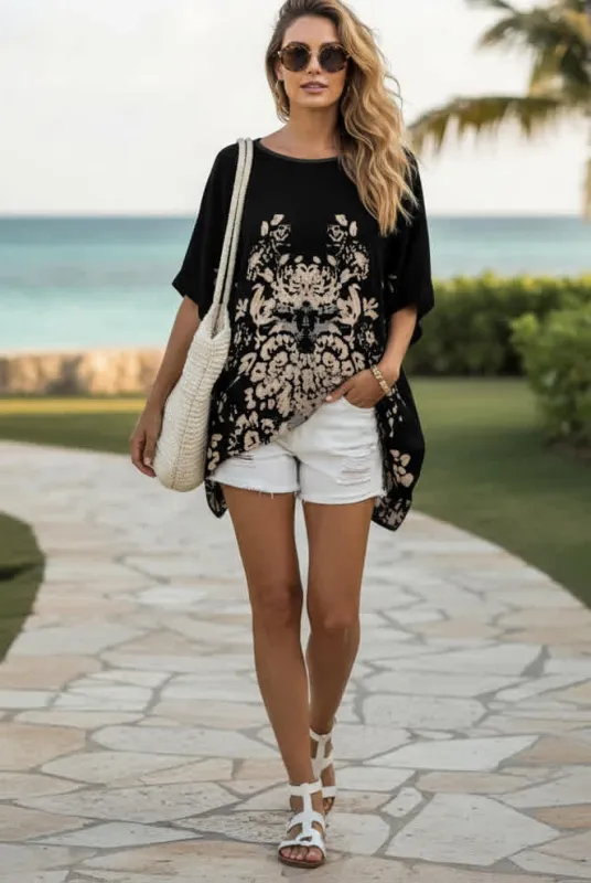 Lily by Firmiana Women’s Round Neck Short Sleeve Fishtail Tunic Women’s Apparel Black Gold Floral Print made by Zulily