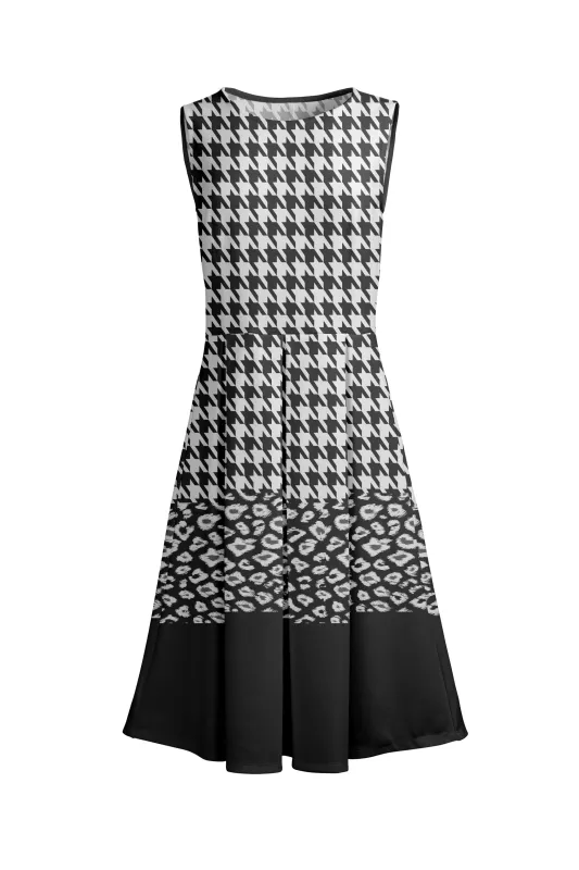 Lily by Firmiana Women’s Sleeveless Short Dress with Pleated Skirt Women’s Apparel Black White Houndstooth Print made by Zulily