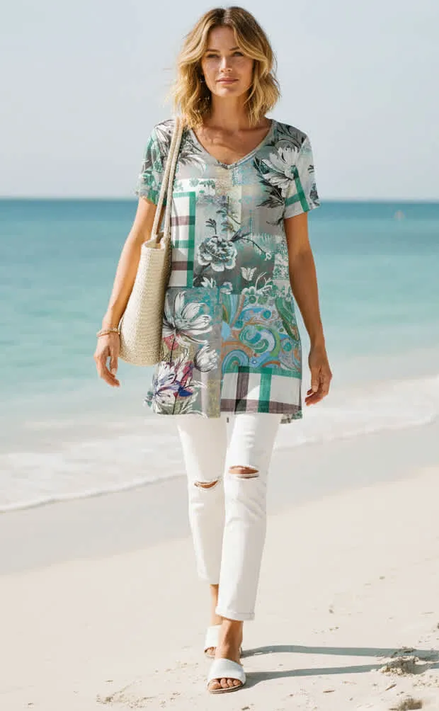 Lily by Firmiana Women’s V-Neck Short Sleeve Tunic Women’s Apparel Aqua White Abstract Print sold by Zulily product image thumbnail 2