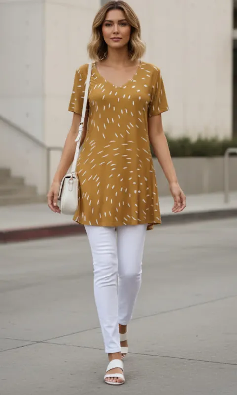 Lily by Firmiana Women’s V-Neck Short Sleeve Tunic Women’s Apparel Mustard White Micro Print made by Zulily