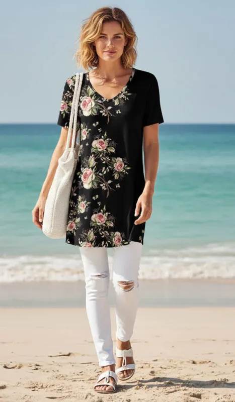 Lily by Firmiana Women’s V-Neck Short Sleeve Tunic Women’s Apparel Black Multicolor Floral Print made by Zulily