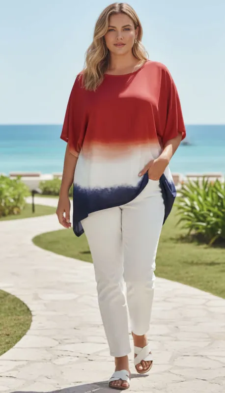 Lily by Firmiana Women’s Round Neck Short Sleeve Fishtail Tunic Women’s Apparel Red Navy Ombre Print made by Zulily