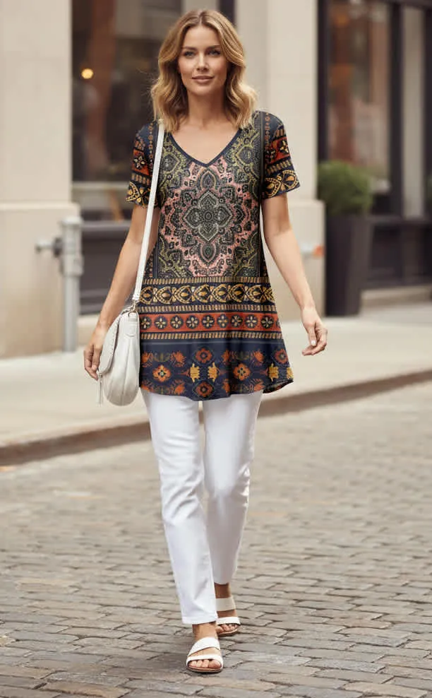 Lily by Firmiana Women’s V-Neck Short Sleeve Tunic Women’s Apparel Brown Multicolor Border Print sold by Zulily