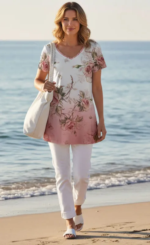 Lily by Firmiana Women’s V-Neck Short Sleeve Tunic Women’s Apparel Blush Pink Floral Ombre Print made by Zulily