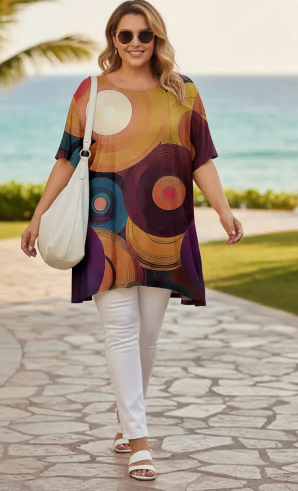 Lily by Firmiana Women’s Round Neck Short Sleeve Tunic Women’s Apparel Burgundy Gold Abstract Circle Print sold by Zulily