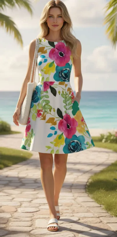 Lily by Firmiana Women’s Sleeveless Short Dress with Pleated Skirt Women’s Apparel White Multicolor Floral Print made by Zulily