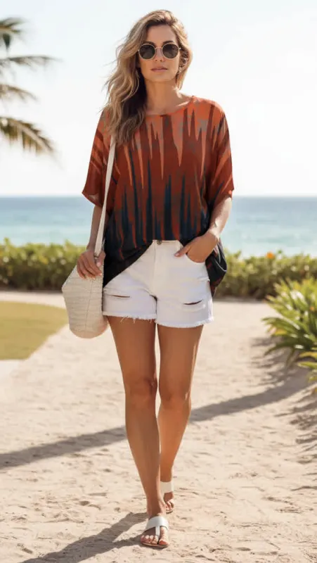 Lily by Firmiana Women’s Round Neck Short Sleeve Fishtail Tunic Women’s Apparel Rust Vertical Stripe Print made by Zulily