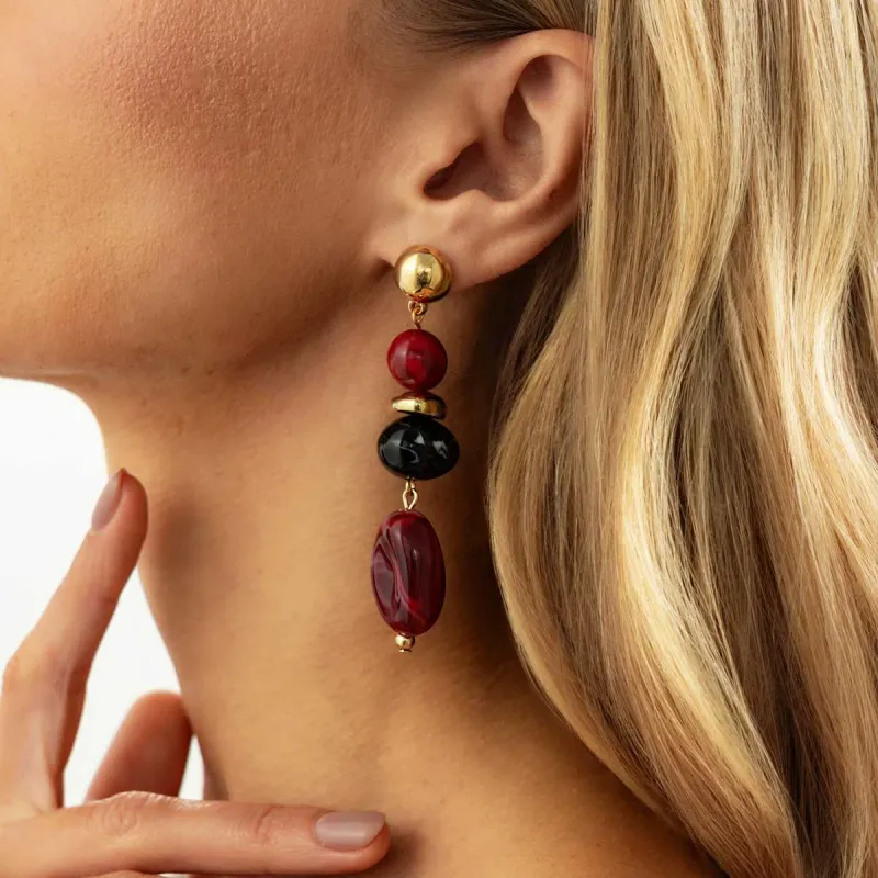 Wine Red Resin & Goldtone Tiered Irregular Beads Dangle Earrings made by Zulily