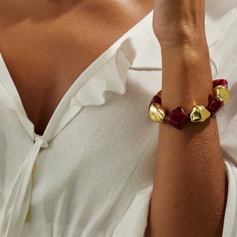 Wine Red Resin & Goldtone Irregular Beads Station Stretch Bracelet made by Zulily