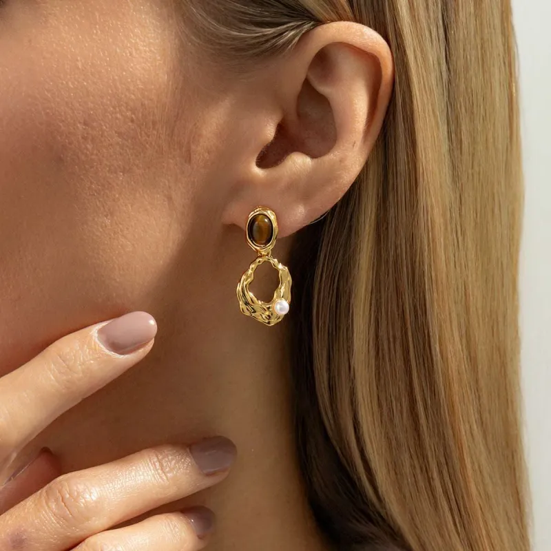 Tiger's Eye? & Pearl Goldtone Oval Open Geometric Dangle Earrings made by Zulily